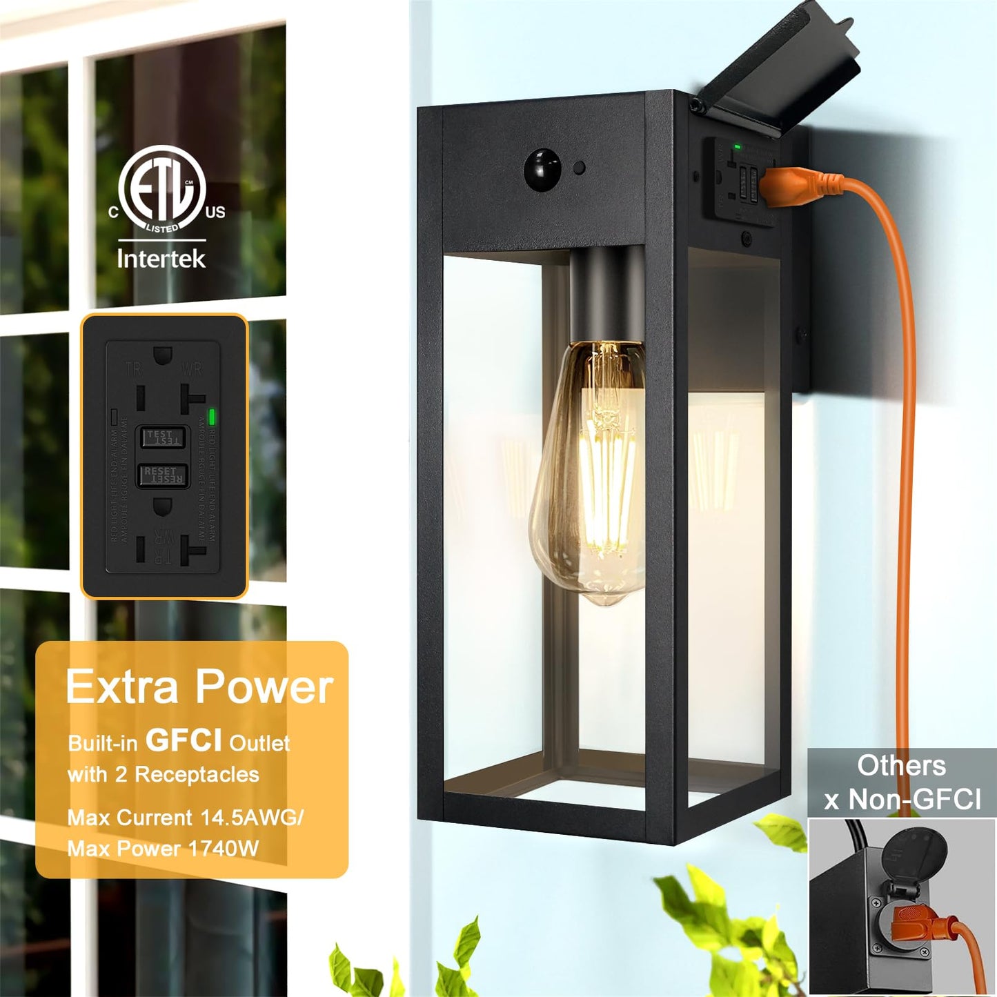 Oykyohei Porch Lights With Gfci Outlet  Dusk To Dawn Motion Sensor Outdoor Lights  2 Lighting Modes Waterproof Anti-Rust Wall Sconce Lantern  Outside Light For House  Black
