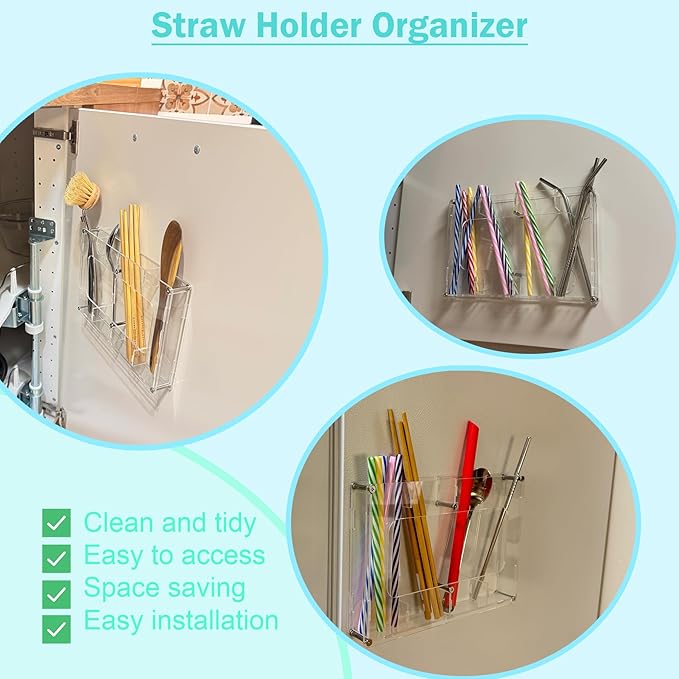 Acrylic Straw Holder for Cabinet, Reusable Straw Organizer with Double Sided Adhesive Tape Tumbler Straws Storage Container for Cupboard Drinking Straws Dispenser for Kitchen Counter (Transparent, A3)