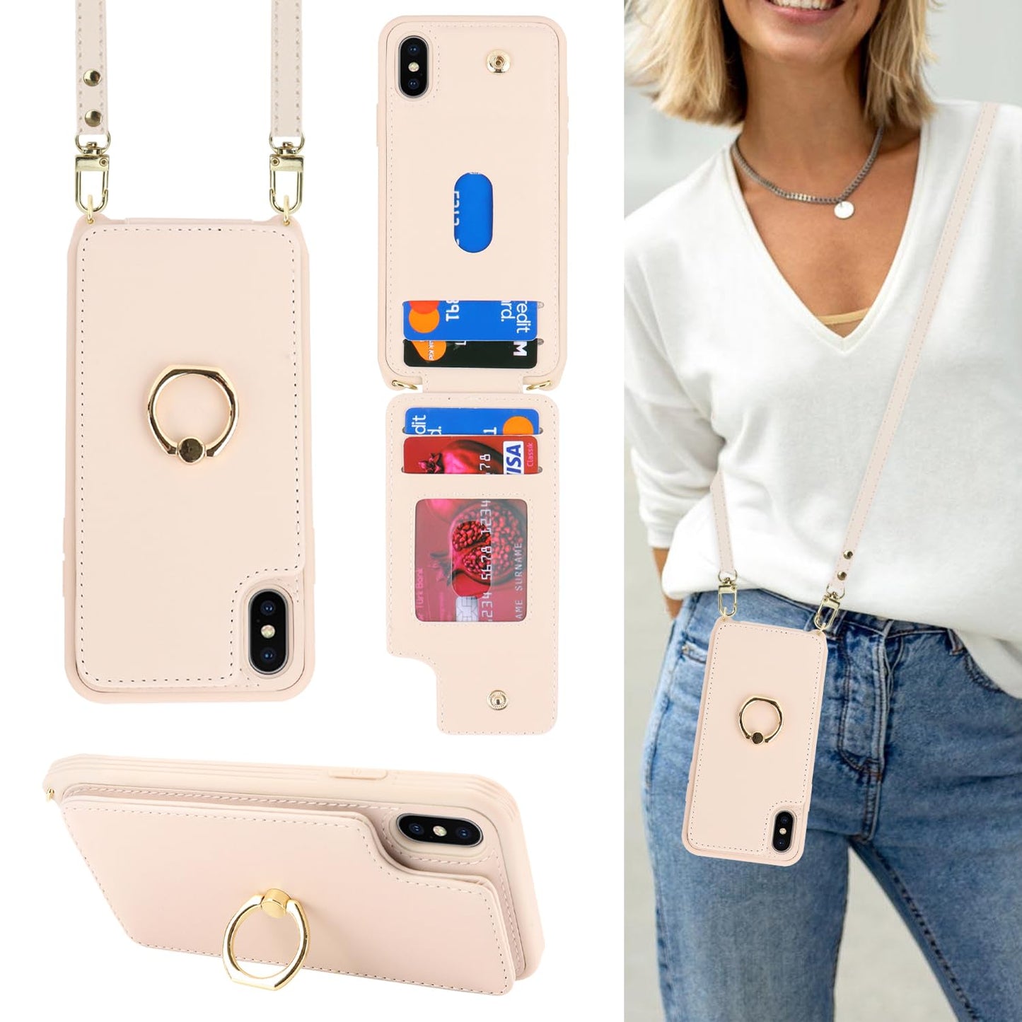 Lipvina For Iphone Xr Phone Case With Card Holder And Strap For Women,Crossbody Lanyard,Kickstand Ring Stand,Snap Clasp,Phone Wa