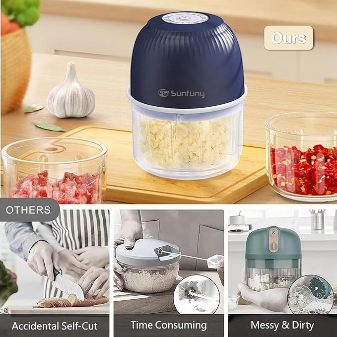 Mini Food Processor Cordless, 250ml Small Garlic Chopper 1 Cup, Battery USB Rechargeable Electric Food Chopper Wireless, Portable Vegetable Meat Blender Kitchen Mixer for Onion, Salad, Xmas Gift(Blue)