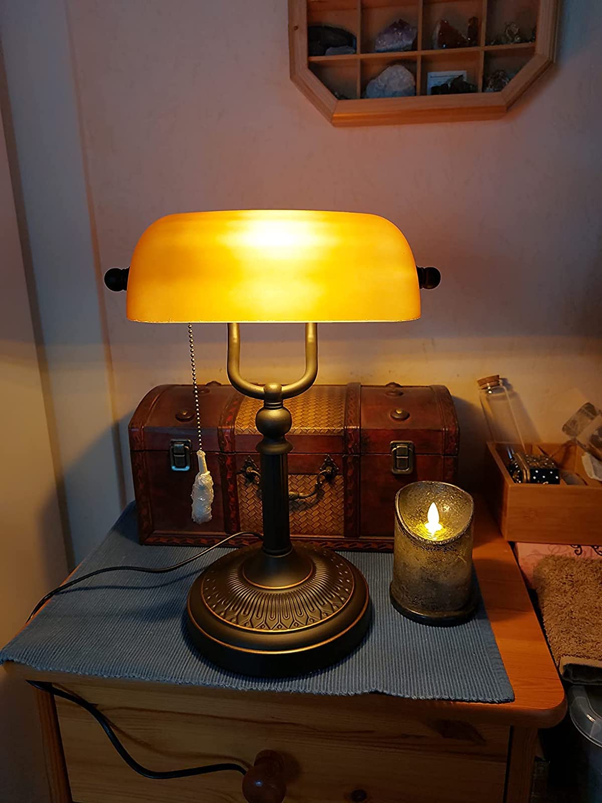 Newrays Glass Bankers Desk Lamp, Classic Size, Pull Chain Switch, Orange, Model T9009