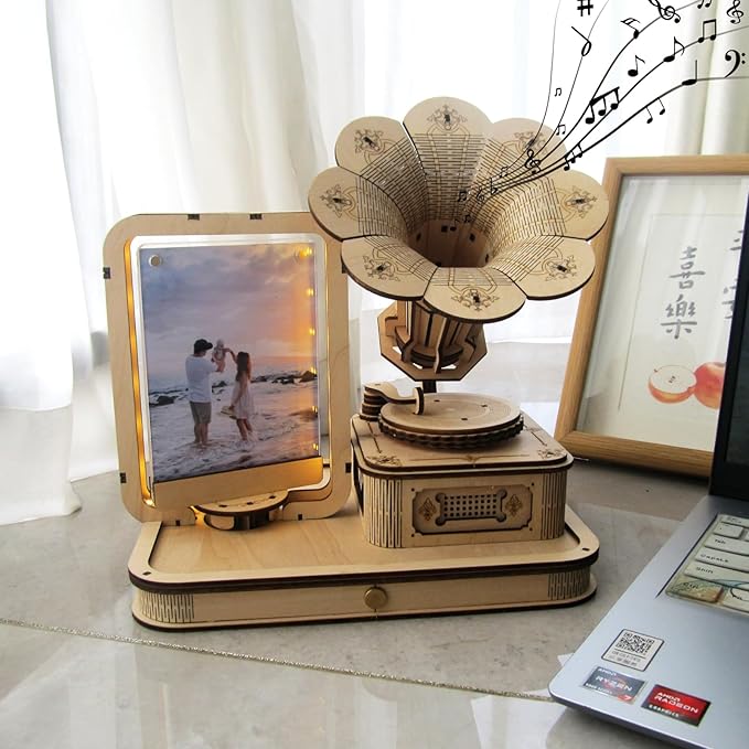 CUBERIE 3D Puzzles for Adults, Gramophone Wooden Model kit Music Box Gifts for Woman Man, Assembly Three-D Wood Puzzle Decor with Acrylic Picture Frame, Toys for Ages 14 and up