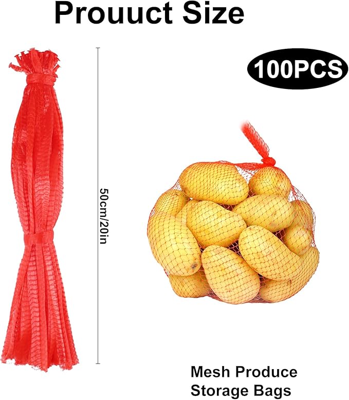 100Pcs Produce Mesh Bags,20 Inch Seafood Boil Bags Packing Supplies Net,Reusable Mesh Nylon Netting Bulk Storage Bag for vegetables Storage Fruits Seafood and Other Agricultural Products(Red)