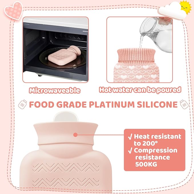 Amylove Mini Hot Water Bottle 320ml for Hot & Cold Compress with Cover Silicone Microwave Heating Small Water Bag for Travel Pain Relief Holiday Gifts(Pink)