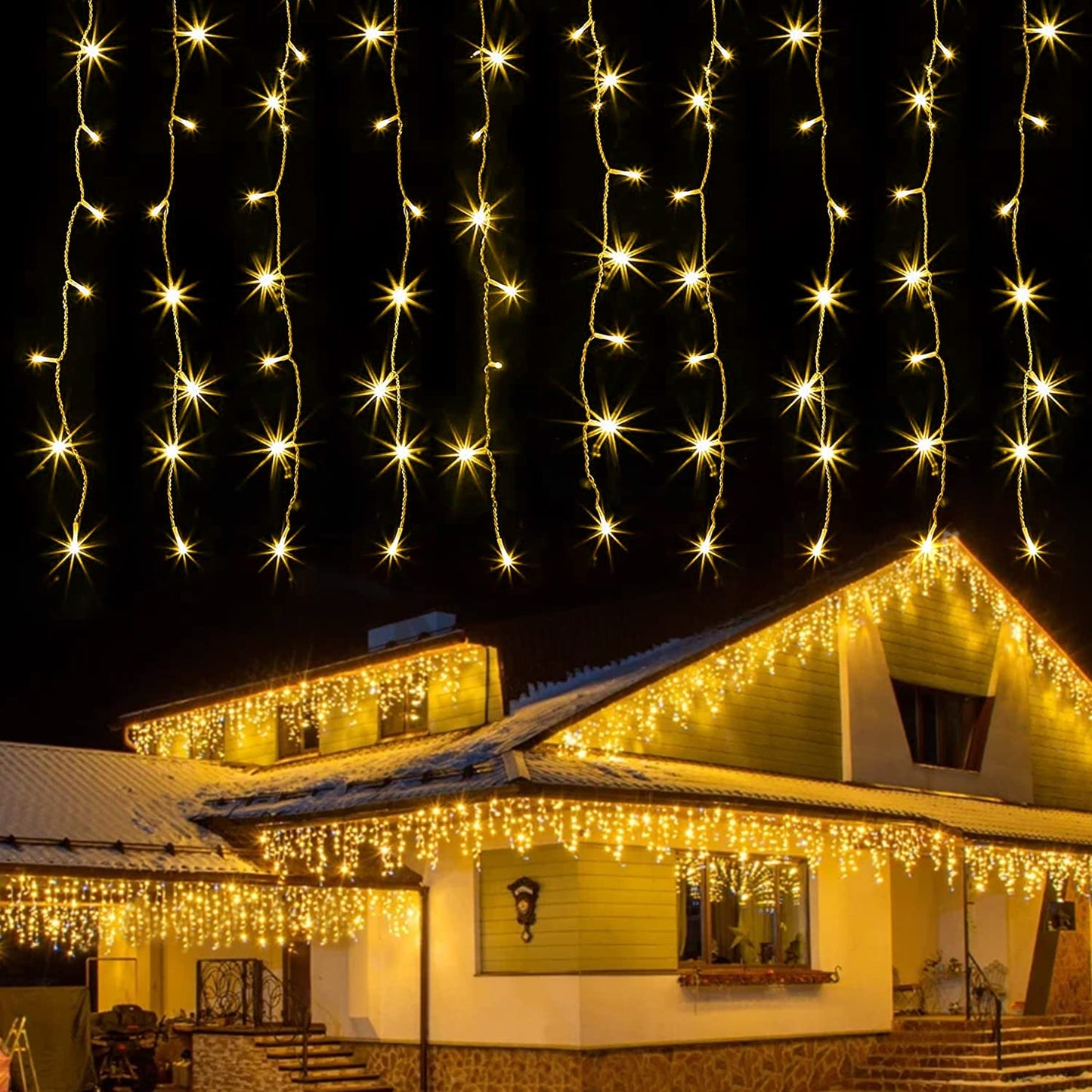 kemooie 400 LED Outdoor Curtain Lights, Warm White, 26.2FT x 3.3FT, 8 Modes, Model HB-400CCOI