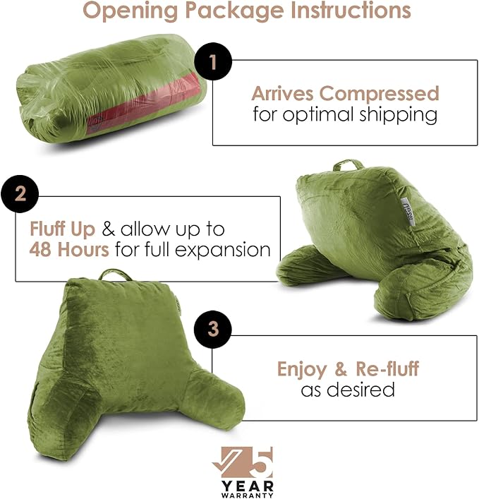 Nestl Reading Pillow Standard Bed Pillow, Back Pillow for Sitting in Bed Shredded Memory Foam Chair Pillow Reading & Bed Rest Pillows Calla Green Back Pillow for Bed, Bed Chair Arm Pillow with Pockets