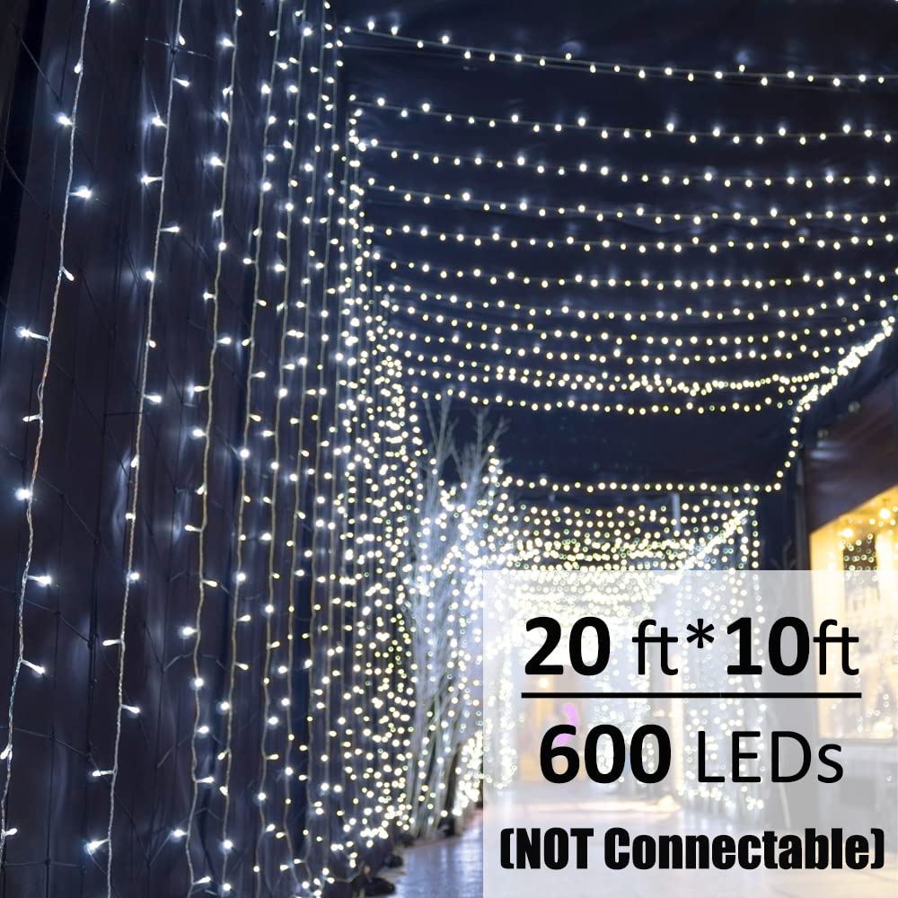 Solhice LED Curtain Lights, 600 LEDs, 20ft x 10ft, Cool White, Indoor/Outdoor, Model BD-600-C-W