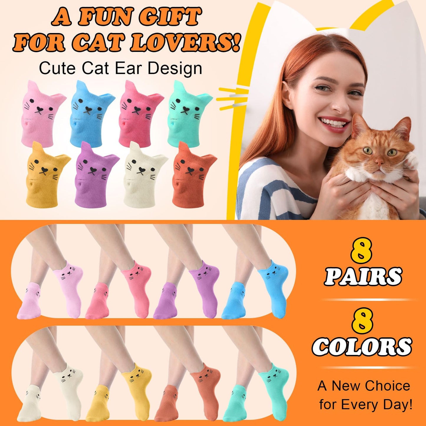 Eurzom 8 Pack Women's Cat Ankle Socks Cotton Breathable Colorful Cute Animal Low Cut Sock Novelty Gifts for Girls Teens