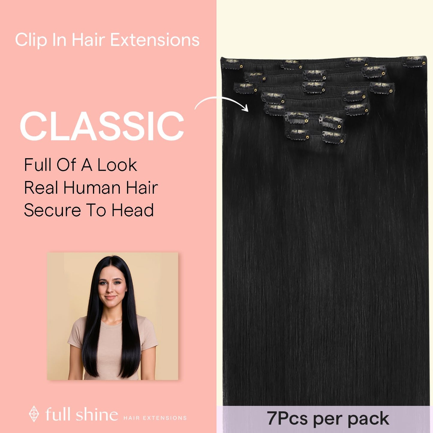 Full Shine Black Clip in Hair Extensions, Clip ins Real Human Hair for Black Women 14 Inch, Silky Straight Remy Hair Extensions,
