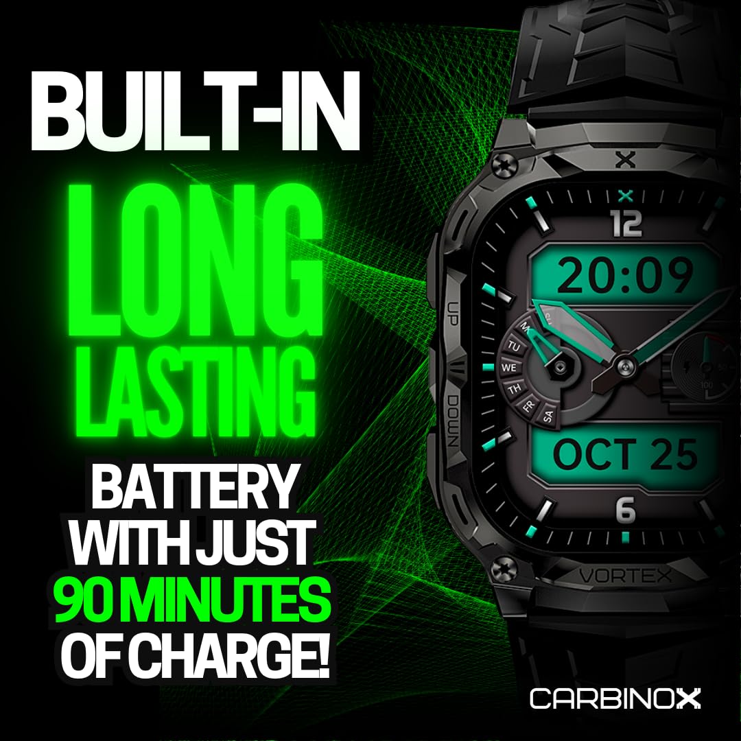 CARBINOX Vortex Smart Watch with Tempered Glass (2 Pack), Rugged Fitness Tracker IP69K Waterproof Compatible with Android and iOS Phone, 14 Days of Battery Military Durable