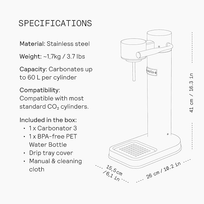 Aarke Carbonator lll with CO2 Cylinder, Sparkling & Carbonation Water Machine, Stainless Steel with PET BPA-Free Reusable Bottle Volume 1L/34 fl oz (Stainless Steel)