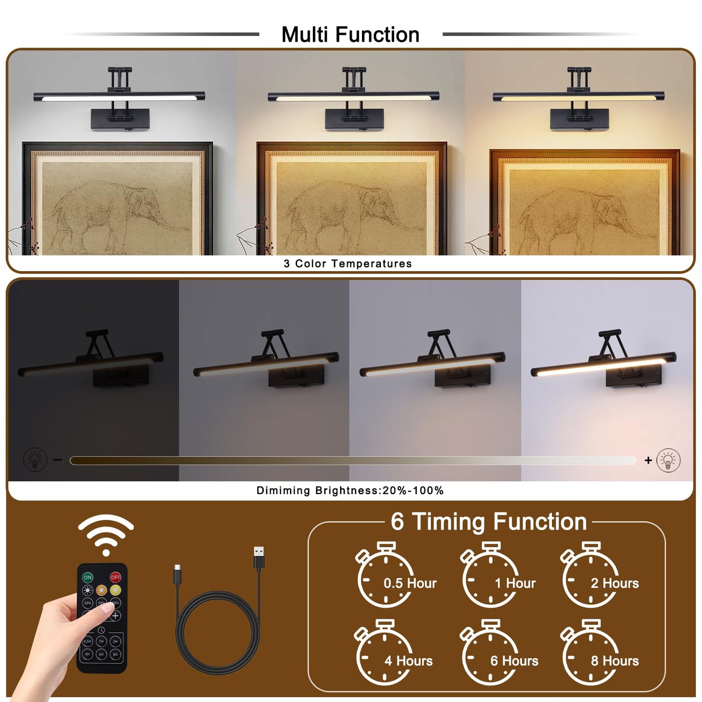 Battery Operated Picture Light With Remote 16  Black Art Light For discomfort-reducingting Dimmable & Timer Wireless Gallery Lights 3Cct Frame Lighting Rechargeable Wall Lights For Artwork Potrait Dartboard