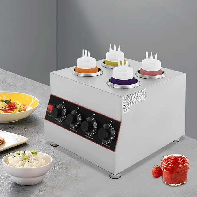 Electric Sauce Warmer Dispenser, Countertop Stainless Steel Sauce Heat Preservation Machine, Hot Fudge Nacho Cheese Ketchup Warmer for Commercial, with 650ml Squeeze Bottle*2