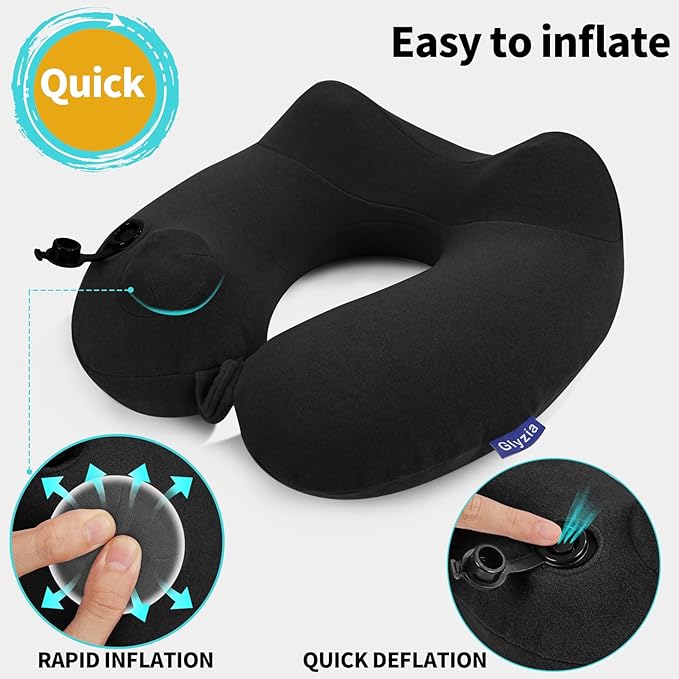 Inflatable Travel Neck Pillow for Airplane, 360° Head Support Velvet Adult Neck Pillow for Long Flight, Removable Washable Cover, Kit with Eye Masks, Earplugs & Storage Bag, Black