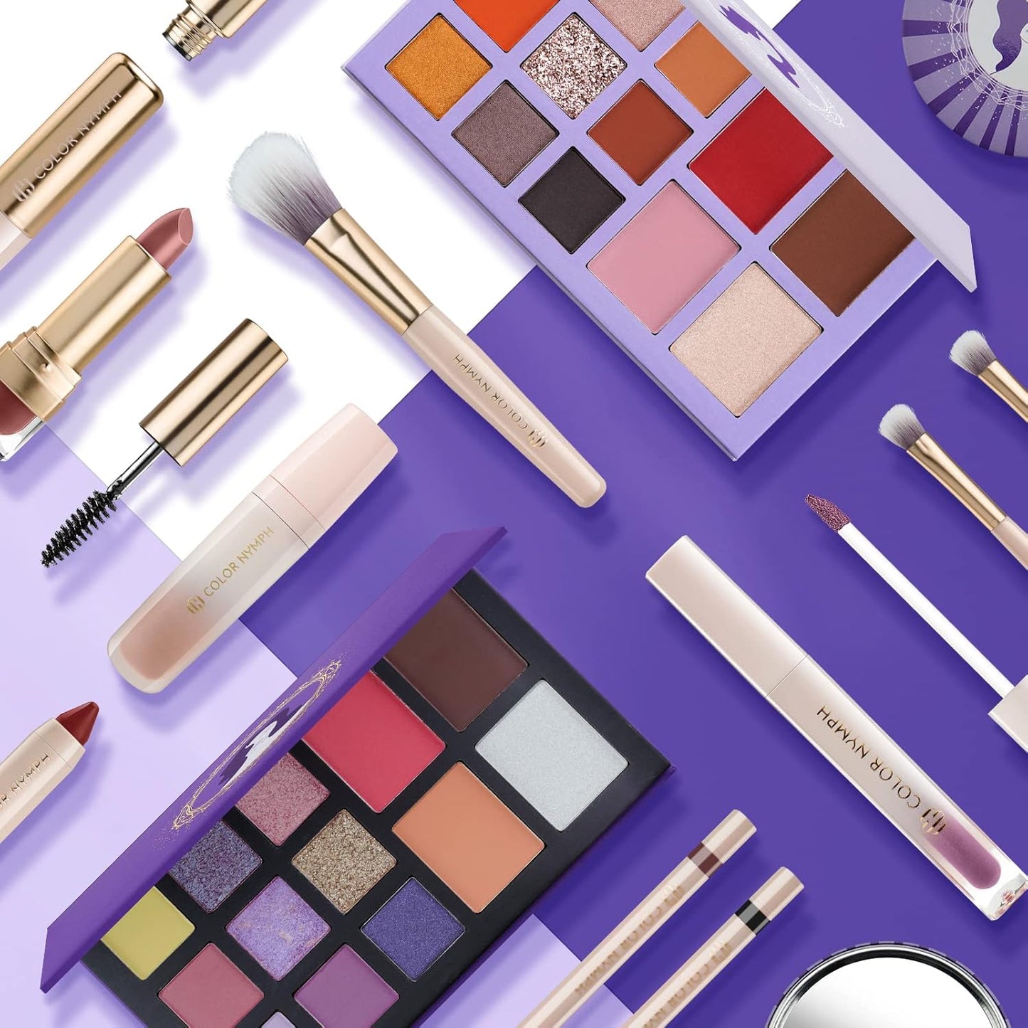 Color Nymph Beginner Makeup Set for Teens, Full Kit Girls Makeup Kits with Exquisite Purple Box Teen Girls Makeup Kit Non-Toxic Includes Eyeshadow Palettes Mascara Lipstick Makeup Set Brushes Kit etc