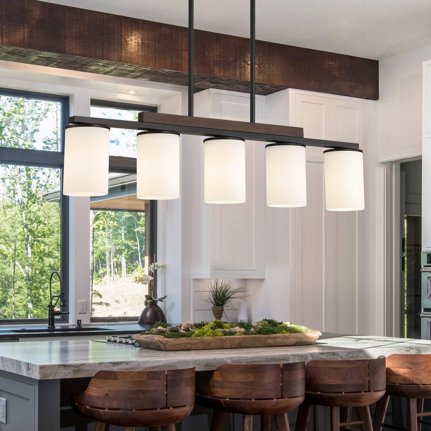 Mecgirn Farmhouse Dining Room Light Fixtures Over Table  Black Pendant Lights For Kitchen Island With Milk Glass Shade  5 Light Linear Chandelier Lighting With Wood