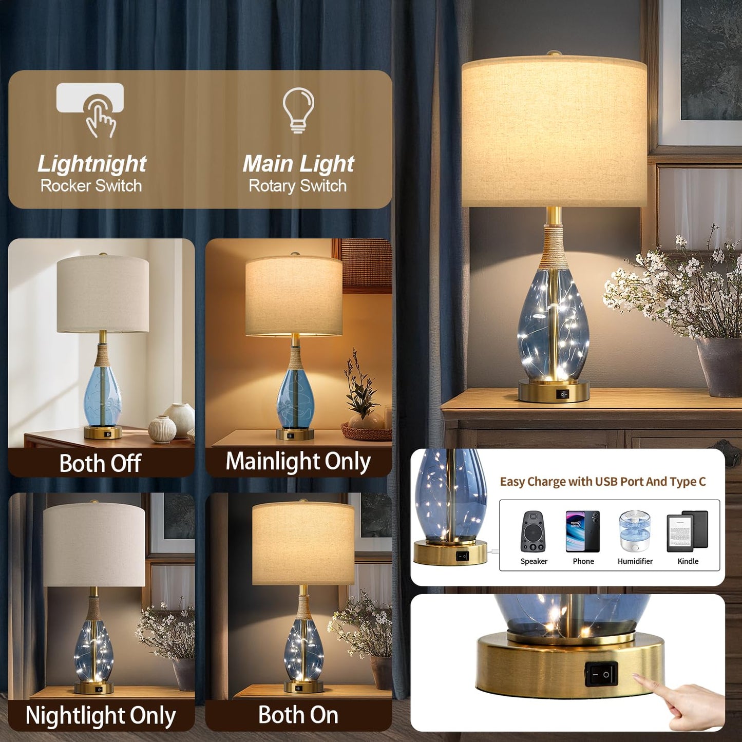 OYEARS Table Lamps Set of 2 for Living Room, Blue Rattan Boho Style, USB C+A, Model AMZ-T1140BL-U