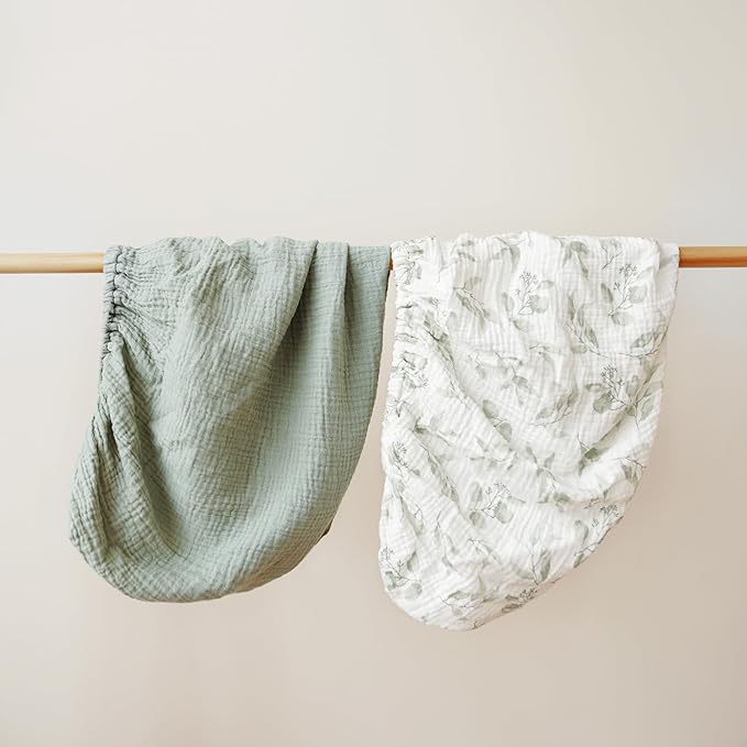Konssy 2 Pack Muslin Changing Pad Covers for Boys, Ultra Soft & Breathable Cotton Baby Diaper Changing Table Covers, Neutral Nursery Diaper Changing Pad Sheets (Green, Green Leaves)