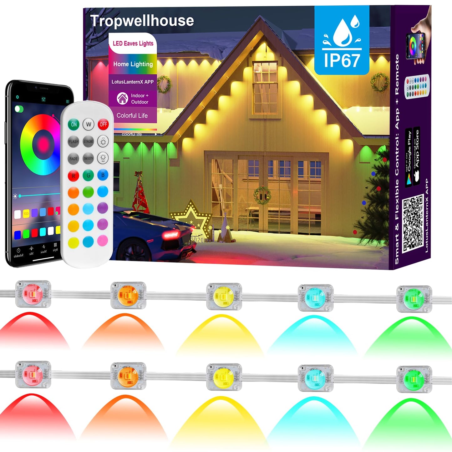 Tropwellhouse Permanent Outdoor Lights For House  100Ft Rgb Smart Led Eave Lights With App & Remote Control  Ip67 Waterproof For Outdoor Decorations Including Halloween  Christmas  And Daily Lighting