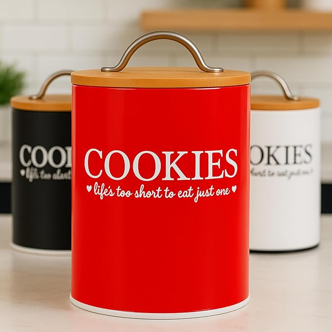 D'Lifeful Cookie Jar with Airtight Bamboo Lid – 0.6 Gallon Cute and Decorative Cookie Storage for Kitchen Countertop – Farmhouse Storage Tin for Freshness – Great Gift Idea - Red