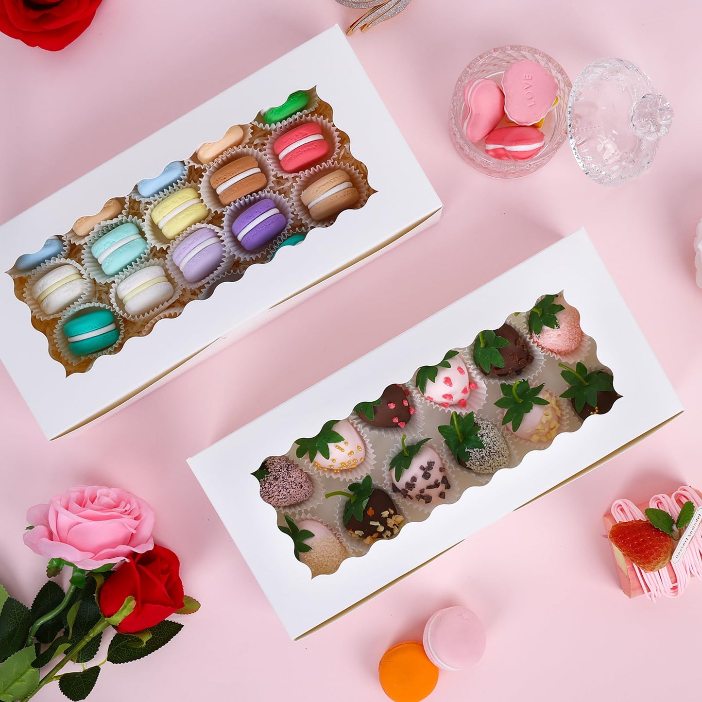 Moretoes 30pcs Valentines Day Cookie Boxes, 12x5.5x2.5 Inches White Bakery Box with Window for Treats, Chocolate Covered Strawberry, Donuts, Pastries, Cake Pop