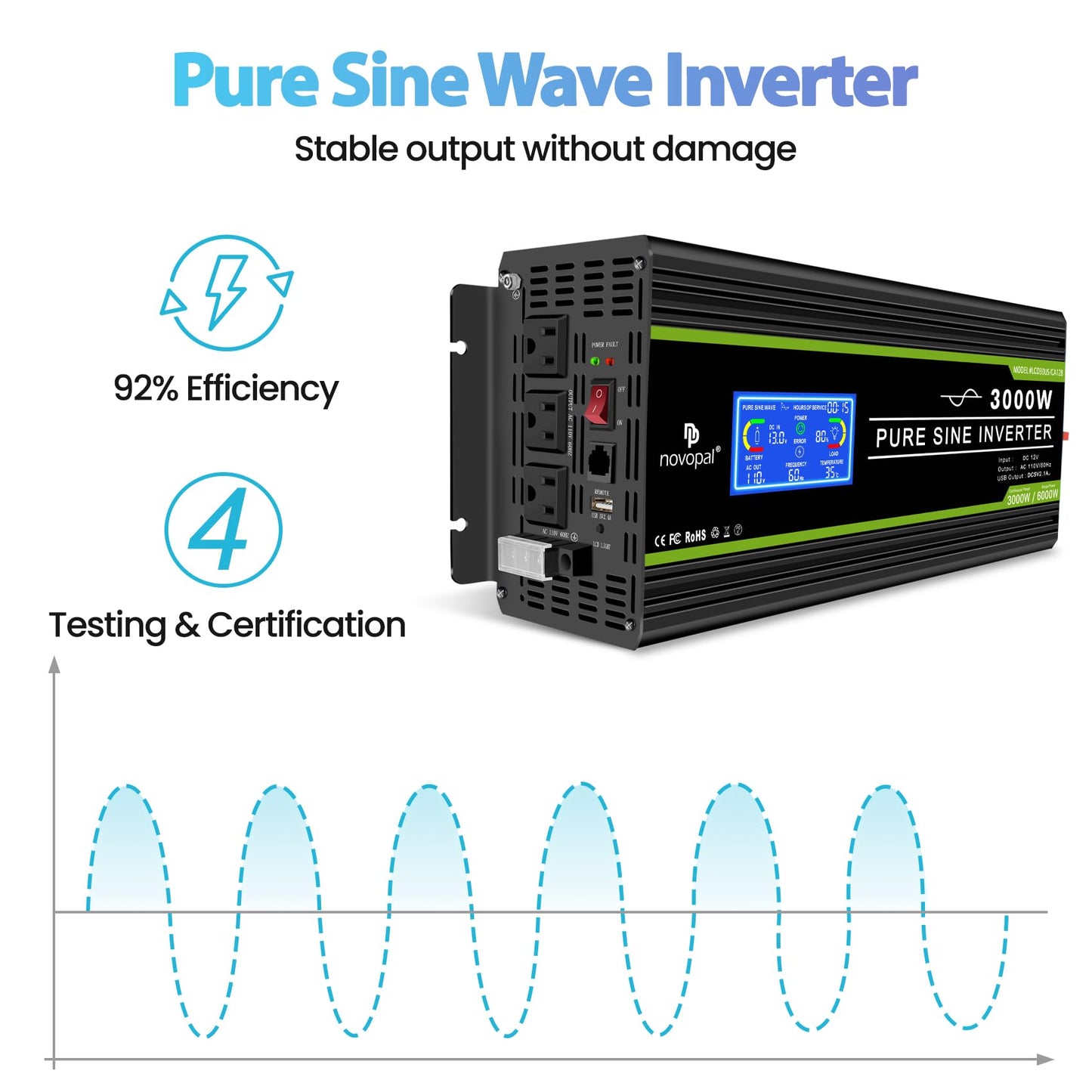 Novopal 3000 Watt Pure Sine Wave Power Inverter Dc 12V To Ac 110V 120V Rv Inverters With 3 Ac Outlets,High Power Terminal-16 Ft