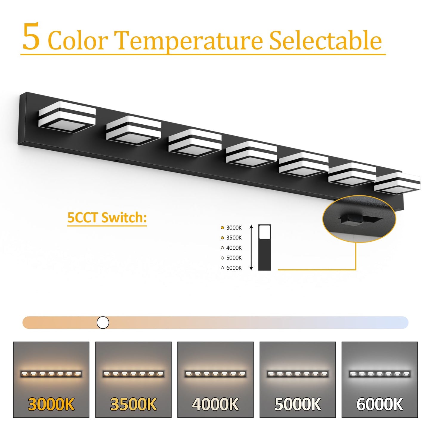 Ralbay 5 Color Temperature Dimmable 46Inch Matte Black Vanity Lights Acrylic Modern Led Black Vanity Lighting For Bathroom 7 Lights