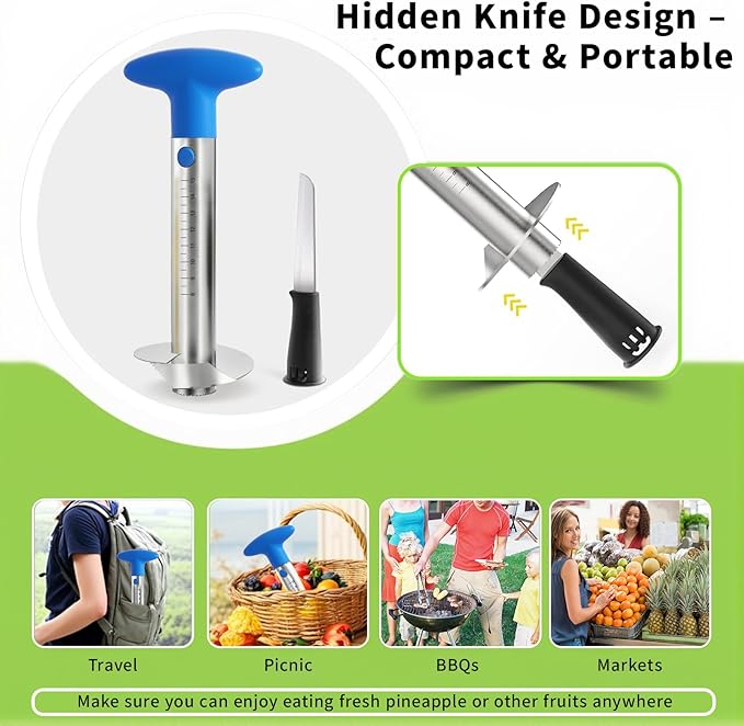 YYP Pineapple Corer and Slicer with Measurement Marks – Stainless Steel Pineapple Cutter for Perfect Pineapple Rings & Effortless Cutting (Blue)