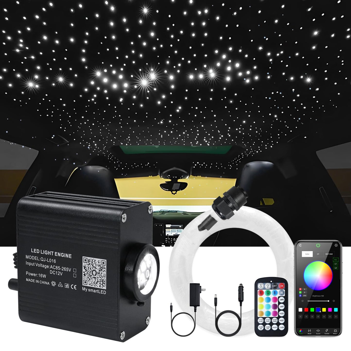 WEBUPAR Starlight Headliner Kit - RGBW Fiber Optic Car Lights, 650 pcs, 0.03in x 9.8ft, Bluetooth APP & Remote Control, Color