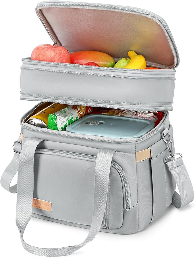 Lunch Box for Men Women - Double Deck Insulated Lunch Bag, Large Leak Proof Tote Cooler, Wide Open Dual Compartment Lunch Bags with Shoulder Strap, For Work Picnic Hiking Beach, Grey
