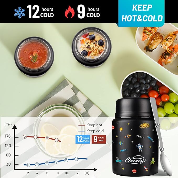 Charcy 17oz Thermo for Hot Food, Soup Thermo Food Container for Lunch Box with Folding Spoon ZB - Black Pixel Space