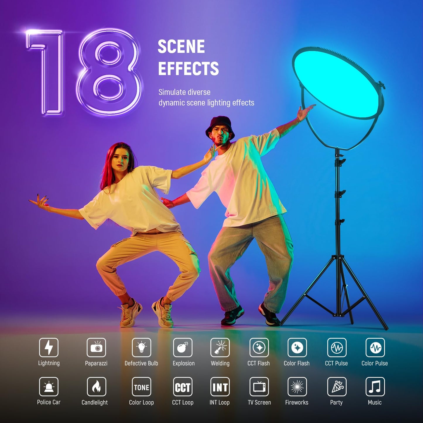 NEEWER 18" RGB LED Round Panel Video Light with APP Control, 65W 6000Lux/0.5m 2500K-8500K RGBCW Photography Studio Lighting /18 Scenes/V Battery Powered for Outdoor Filming Recording Streaming, GR18C