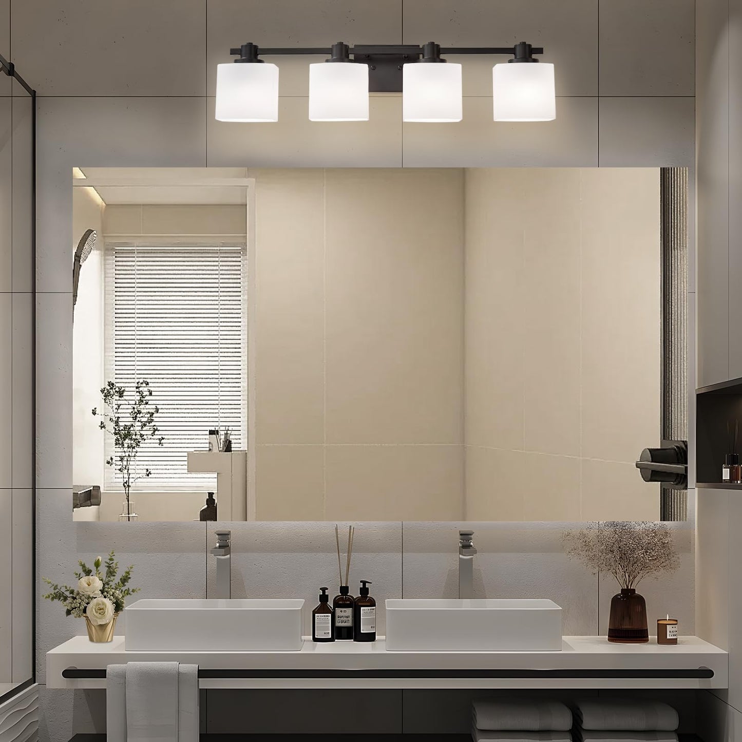 Nedyzog 32 Inch Matte Black Bathroom Light Fixtures Over Mirror 4 Light Bathroom Vanity Light Milk Glass Makeup Shower Lamp Small Farmhouse Wall Sconce Modern Desk Vintage Rustic Bath Sink Lighting