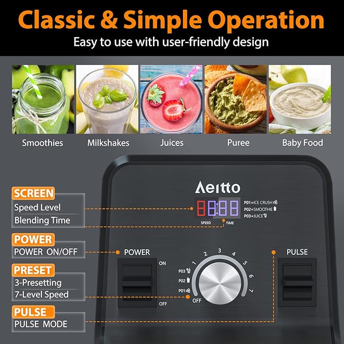 Aeitto Blender with 1500-Watt Motor, 68 Oz Large Capacity Blenders for Kitchen, Countertop Professional Blenders for Ice Crush, Frozen Drinks, Black