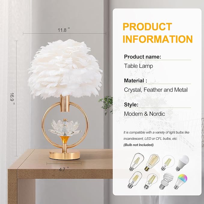ZYLEIESENBAO Chic White Feather Lamp 17IN Modern Crystal Fluffy Table Lamp Cute Romantic Bedside Nightstand Light Nordic Furry Desk Lamp for Girl Bedroom Living Room Entry Office Hotel Party Wedding