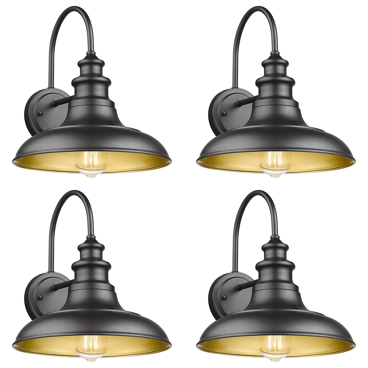 Diyel Outdoor Barn Light Fixture Farmhouse Wall Mount Light Gooseneck Wall Sconce Exterior Wall Lighting Fixture Industrial Black Finish Lantern For Porch With Gold Interior  4Pack  Rz004-4Pack Bk