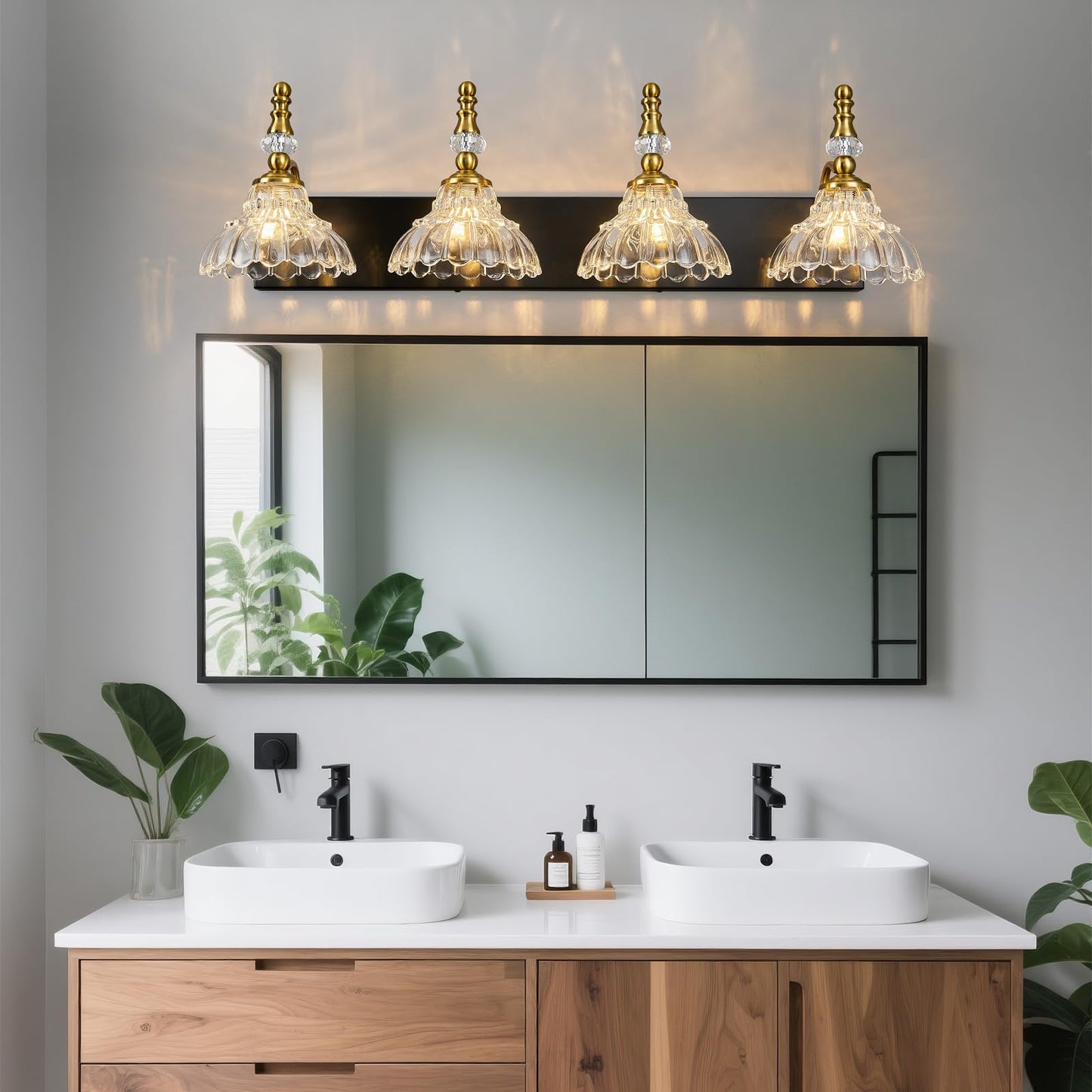 Lbsqj Vintage Bathroom Vanity Light  4-Light Black Gold Vanity Lighting Fixture With Flower Glass Shade  Bathroom Lighting Fixtures Over Mirror