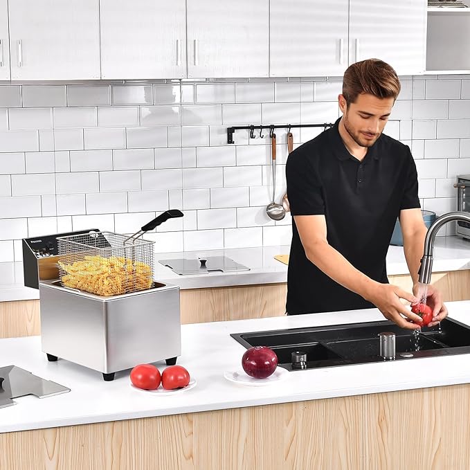 Deep Fryer with Basket, 1700w 14Qt Oil Tank/ 6.7Qt Basket, 0.6mm Thickened Stainless Steel Countertop Electric Fryer for Home and Commercial Use, Oil Fryer with Double Overheat Protection
