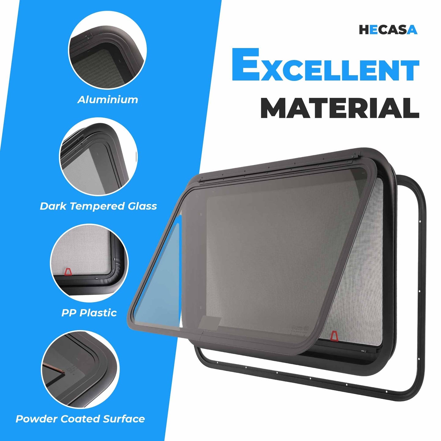 HECASA RV Emergency Exit Window with Trim Ring & Screen, 30in x 20in, Aluminium Tempered Glass, Model MO-5419, 1PC