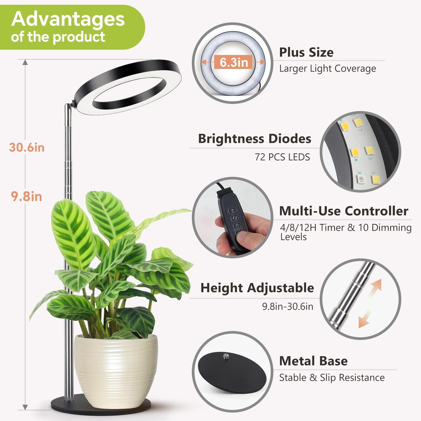 Gtruiidy Desktop Grow Light  Height Adjustable Grow Lights For Indoor Plants Full Spectrum  3 Lighting Mode  Halo Grow Light With Timer  Plant Lights For Indoor Growing (Black)