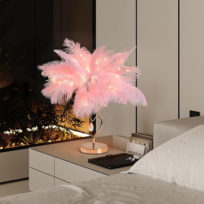 Pink Ostrich Feather Lamp Creative Furry Bedside Lamp Romantic Feather Table Lamp Fluffy Nightstand Lights for Girl Bedroom Wedding Decor Valentines Dating Livingroom Hotel Office