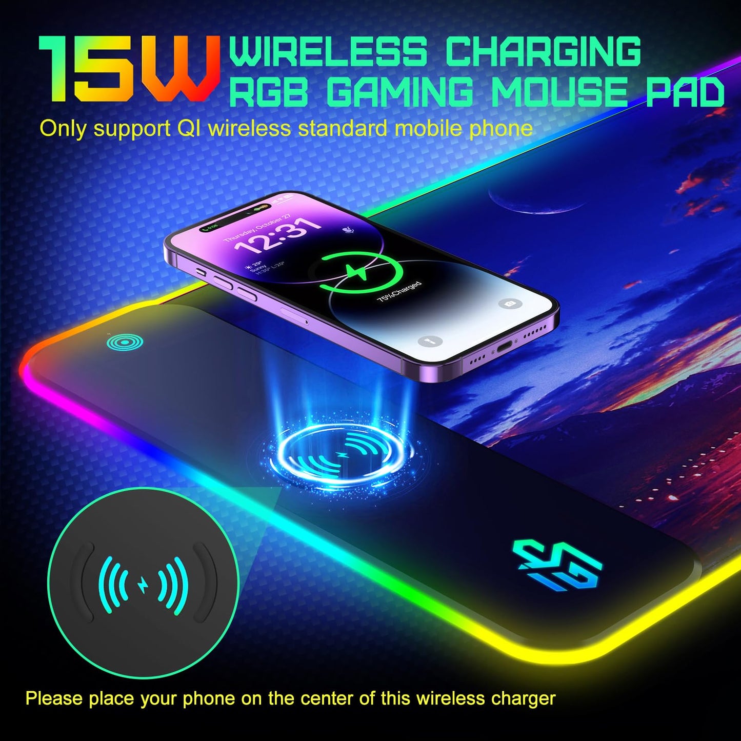 GIM Wireless Charging RGB Gaming Mouse Pad 15W, LED Mouse Mat 800x300x4MM, 10 Light Modes Extra Large Mousepad Non-Slip Rubber Base Computer Keyboard Mat for Gaming, MacBook, PC, Laptop, Desk（Sunset）