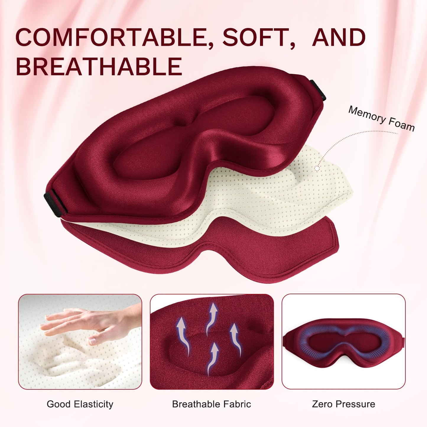 FlyCoco 99% Fully Block Out Light Eye Sleep Mask, 3D Deep Contoured Eyes Cover Zero Pressure, Long Lash Extension Eyes Mask with Adjustable Straps for Sleeping Travel Home Nap Rest Women Men (Red)