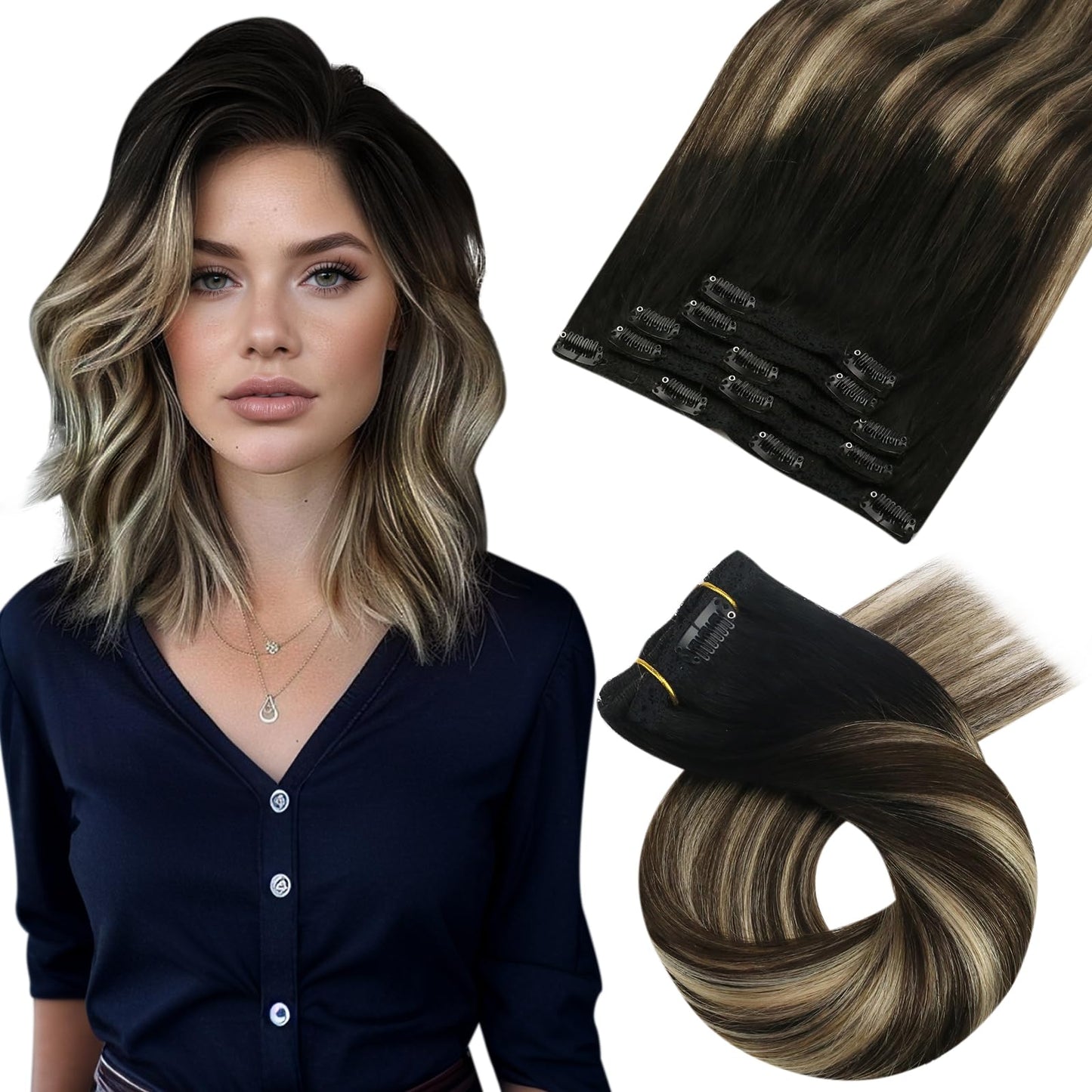Moresoo Clip in Hair Extensions Real Human Hair Balayage Remy Human Hair Clip in Extensions Ombre Black to Brown with Caramel Bl