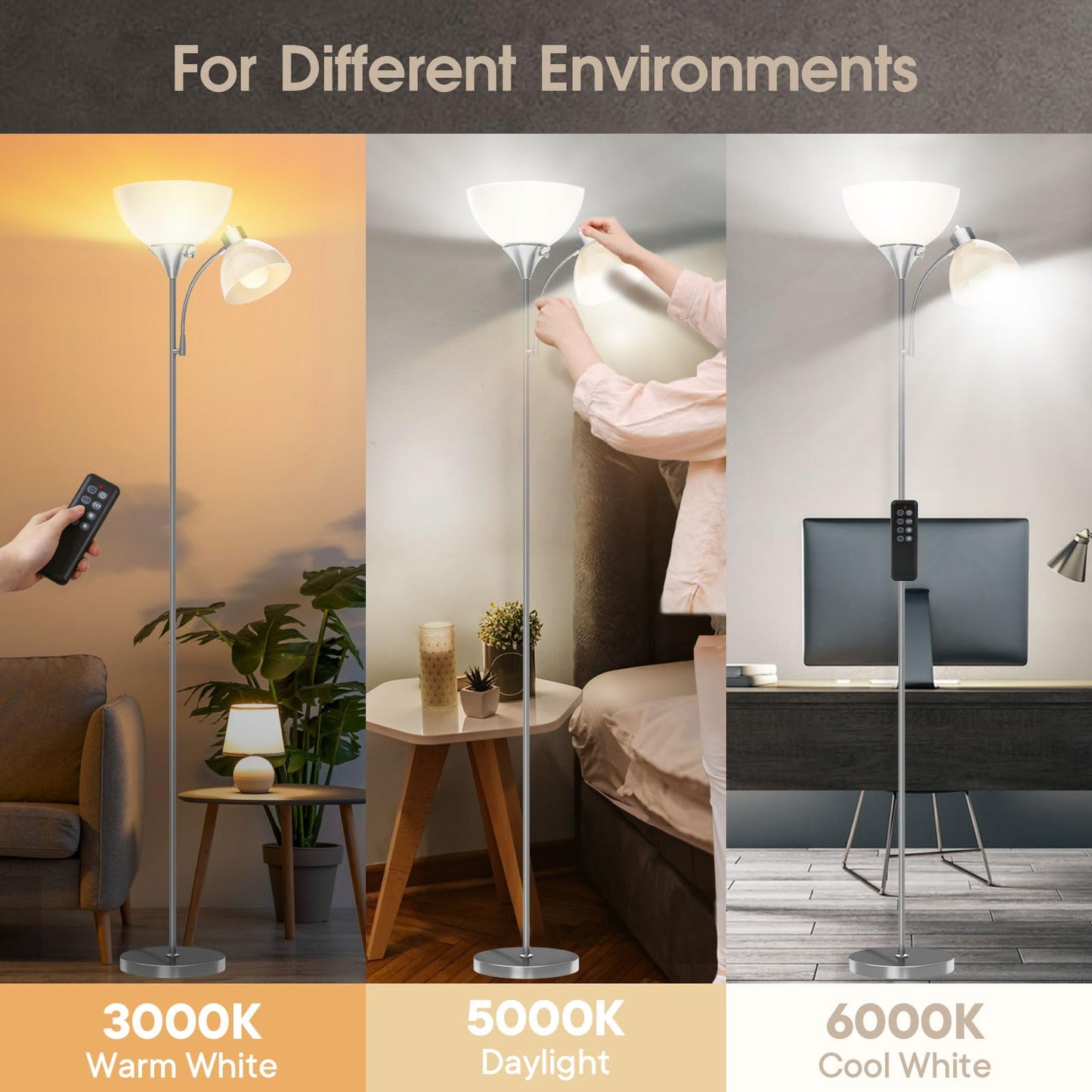 GERGO Floor Lamp with Remote Control, LED Torchiere, 4 Color Temperatures, Brushed Nickel