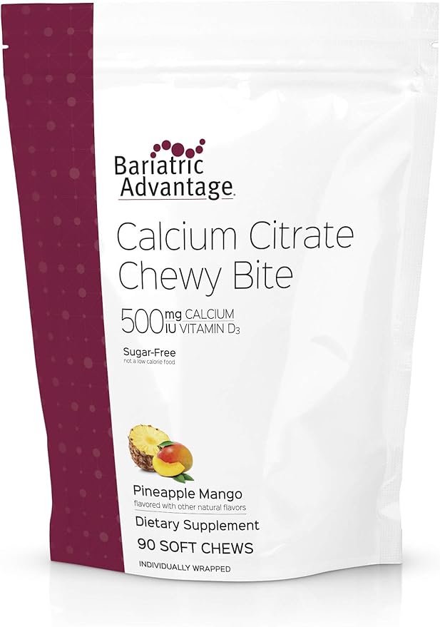 Bariatric Advantage Calcium Citrate Chewy Bites 500 mg - for Bariatric Surgery Patients - Vitamin D3 - Sugar-Free Chewable Calcium Supplement - Bariatric Chews - Pineapple Mango - 90 Count