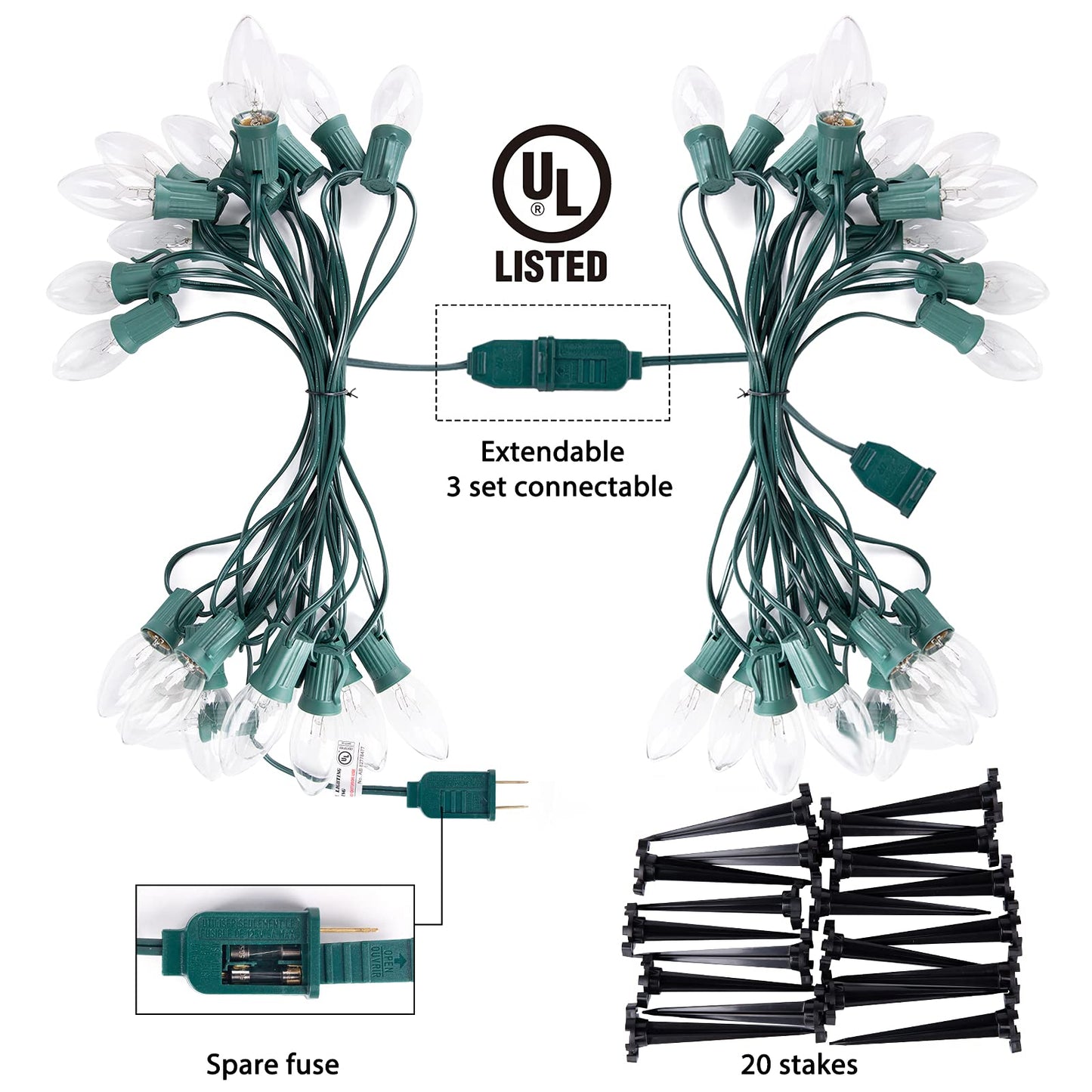 Brightown Christmas Pathway String Lights - 25.7 Ft, 20 Clear Waterproof Incandescent Lights, Warm White, Model Gy-C-50.6-U-B1