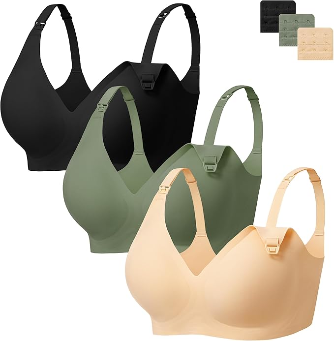 Angelhood 3 Pack Nursing Bras for Breastfeeding Seamless Pregnancy Maternity Bra Wireless Sleep Bralette with Extenders