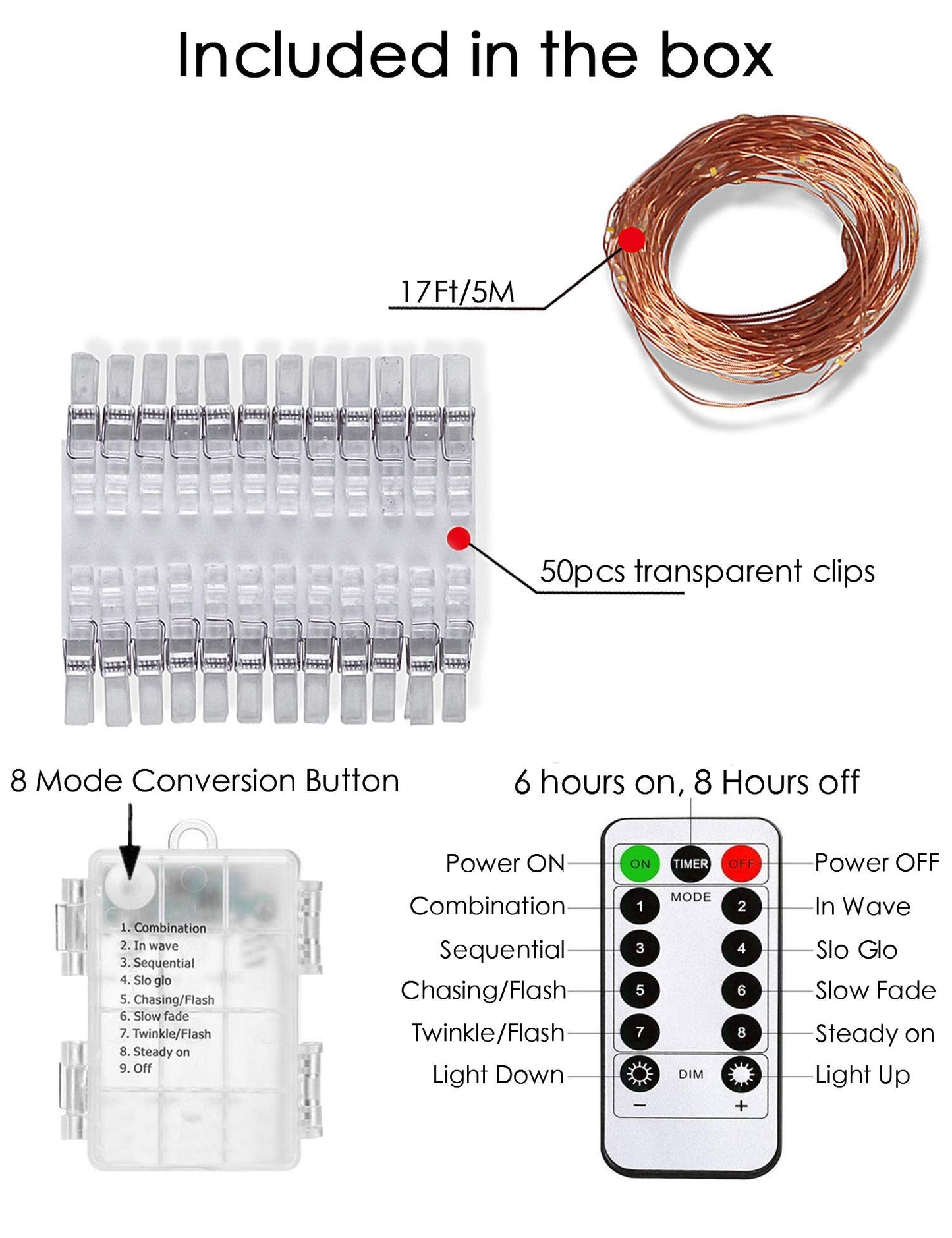 LECLSTAR 50 LED Photo Clips String Lights, 17ft with Remote, 8 Modes, Plastic, Clips String Lights, Model PCSL-17FT50