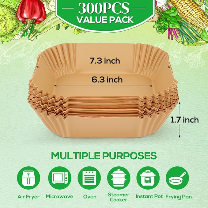 BYKITCHEN 300PCS Small Air Fryer Disposable Liners for 2 to 5QT Airfryer, Square Mini Air Fryer Parchment Paper Liners, Compatible with CHEFMAN 2 QT/ 4 QT, Cosori 2.1QT, Instant Pot Vortex 4Qt& More